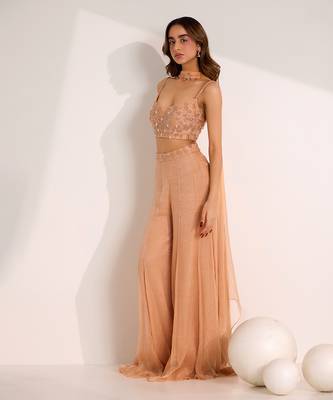 Rose gold shimmer chiffon embellished crystal rumi waist palazzo blouse set 2