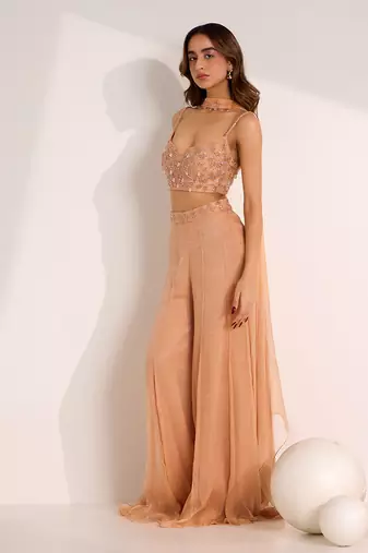 Rose gold shimmer chiffon embellished crystal rumi waist palazzo blouse set