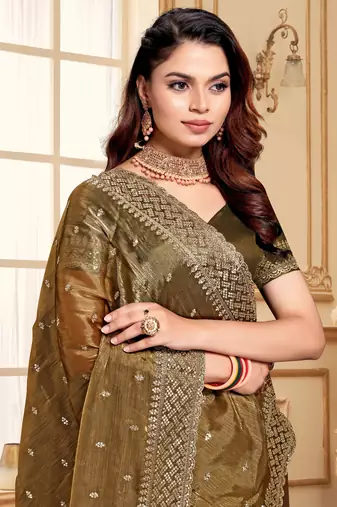 Sequence Embroidered Border Art Silk Saree In Brown With Matching Blouse Piece