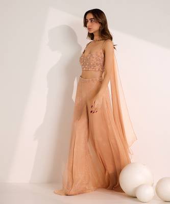 Rose gold shimmer chiffon embellished crystal rumi waist palazzo blouse set 3