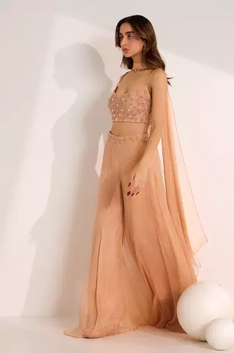 Rose gold shimmer chiffon embellished crystal rumi waist palazzo blouse set