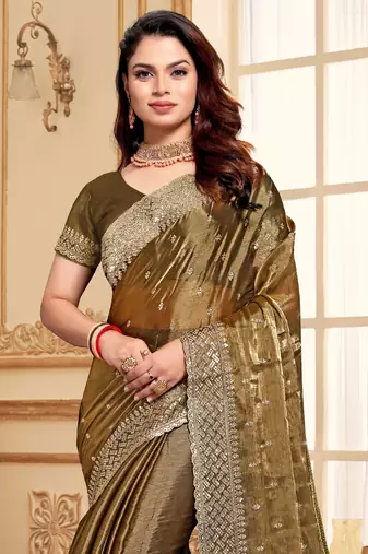 Sequence Embroidered Border Art Silk Saree In Brown With Matching Blouse Piece
