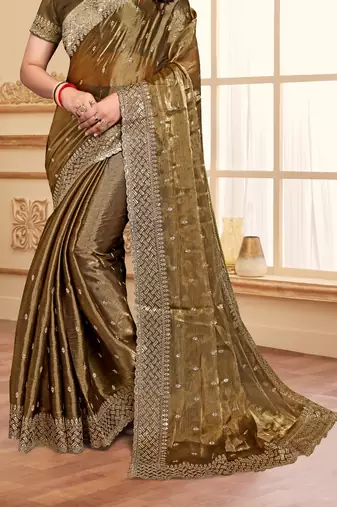 Sequence Embroidered Border Art Silk Saree In Brown With Matching Blouse Piece
