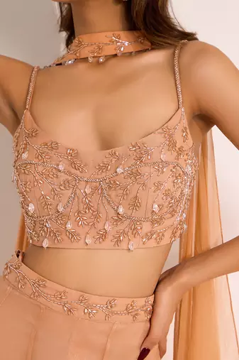 Rose gold shimmer chiffon embellished crystal rumi waist palazzo blouse set