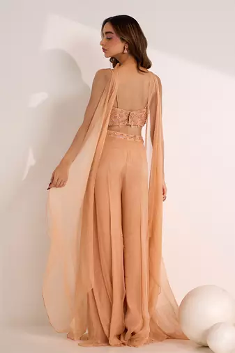 Rose gold shimmer chiffon embellished crystal rumi waist palazzo blouse set