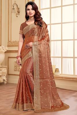 Sequence Embroidered Border Art Silk Saree In Peach With Matching Blouse Piece 1