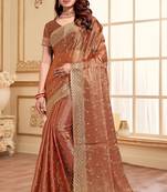 Sequence Embroidered Border Art Silk Saree In Peach With Matching Blouse Piece