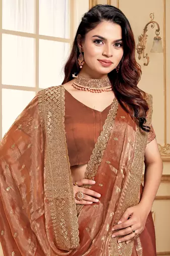 Sequence Embroidered Border Art Silk Saree In Peach With Matching Blouse Piece