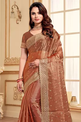 Sequence Embroidered Border Art Silk Saree In Peach With Matching Blouse Piece