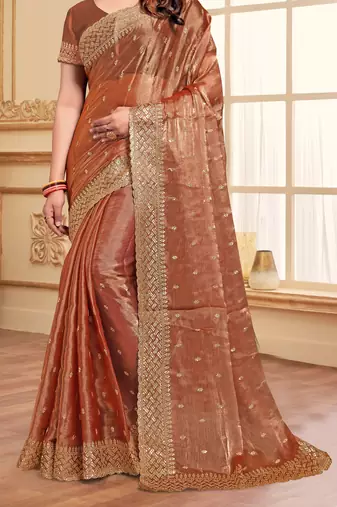 Sequence Embroidered Border Art Silk Saree In Peach With Matching Blouse Piece
