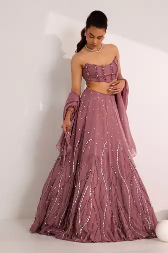 Purple Organza Embellished Crystal Cut-out Ilaria Wave Lehenga Set