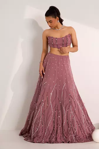 Purple Organza Embellished Crystal Cut-out Ilaria Wave Lehenga Set