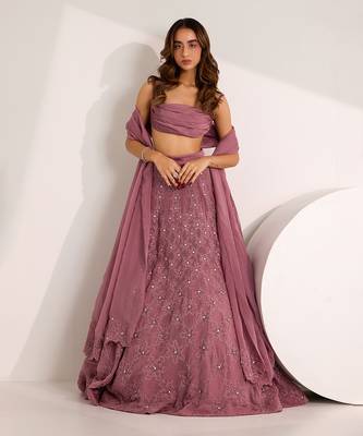 Purple Organza Embellished Crystal Cowl Riona Snowflake Lehenga Set 1