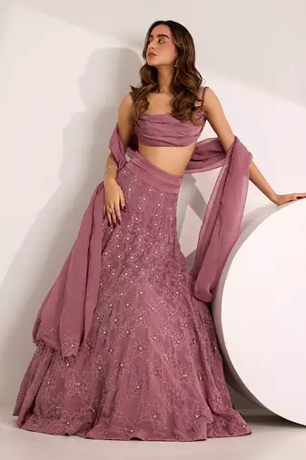 Purple Organza Embellished Crystal Cowl Riona Snowflake Lehenga Set