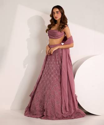 Purple Organza Embellished Crystal Cowl Riona Snowflake Lehenga Set 3