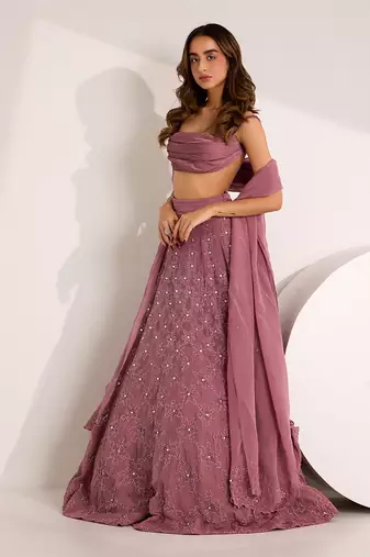 Purple Organza Embellished Crystal Cowl Riona Snowflake Lehenga Set
