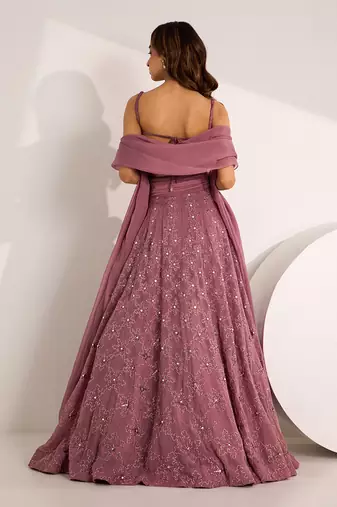 Purple Organza Embellished Crystal Cowl Riona Snowflake Lehenga Set