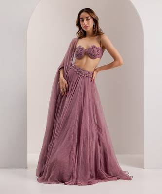Purple Organza Embroidered Crystal Bella Placed Snowflake Lehenga Set 1