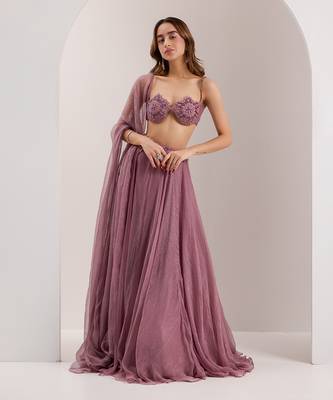 Purple Organza Embroidered Crystal Bella Placed Snowflake Lehenga Set 2