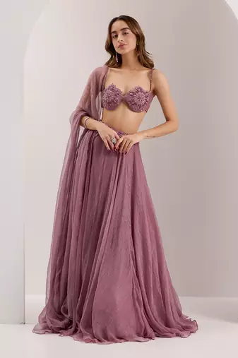 Purple Organza Embroidered Crystal Bella Placed Snowflake Lehenga Set