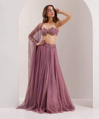 Purple Organza Embroidered Crystal Bella Placed Snowflake Lehenga Set 3