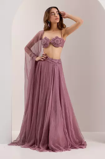 Purple Organza Embroidered Crystal Bella Placed Snowflake Lehenga Set