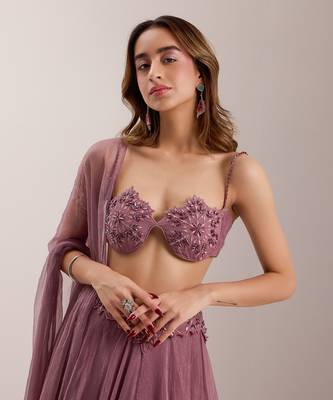 Purple Organza Embroidered Crystal Bella Placed Snowflake Lehenga Set 4