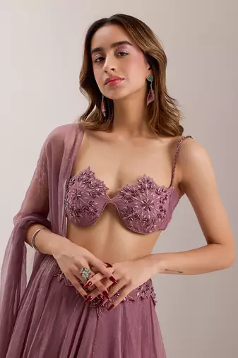 Purple Organza Embroidered Crystal Bella Placed Snowflake Lehenga Set