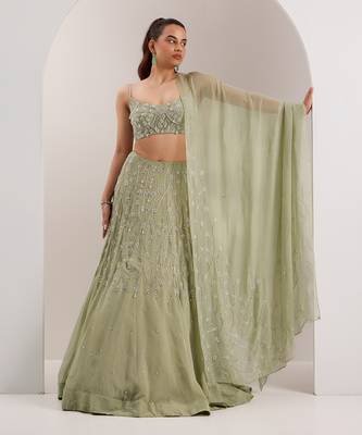 Green Organza Embellished Crystal Scoop Kaena Lehenga Set 1