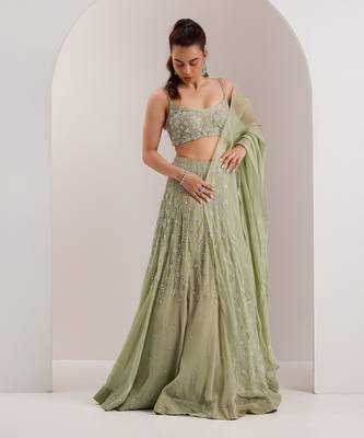 Green Organza Embellished Crystal Scoop Kaena Lehenga Set 2