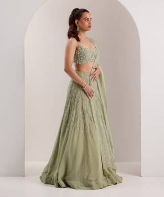 Green Organza Embellished Crystal Scoop Kaena Lehenga Set 3