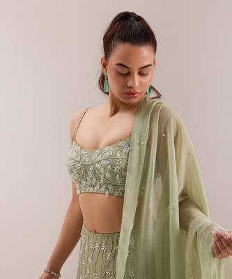 Green Organza Embellished Crystal Scoop Kaena Lehenga Set 4