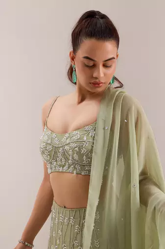Green Organza Embellished Crystal Scoop Kaena Lehenga Set