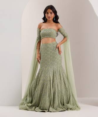 Green Organza Embellished Crystal Lenore Snowflake Mermaid Lehenga Set 1