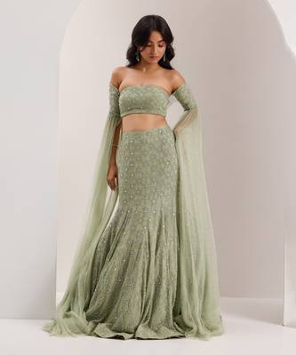 Green Organza Embellished Crystal Lenore Snowflake Mermaid Lehenga Set 2