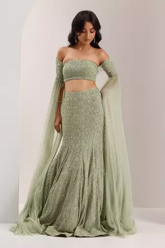 Green Organza Embellished Crystal Lenore Snowflake Mermaid Lehenga Set