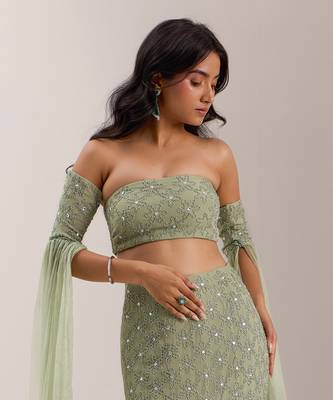 Green Organza Embellished Crystal Lenore Snowflake Mermaid Lehenga Set 3