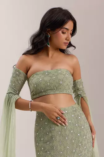 Green Organza Embellished Crystal Lenore Snowflake Mermaid Lehenga Set