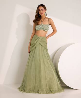 Green Shimmer Chiffon Embellished Crystal Kiara Lehenga Set With Bralette 1