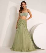 Green Shimmer Chiffon Embellished Crystal Kiara Lehenga Set With Bralette