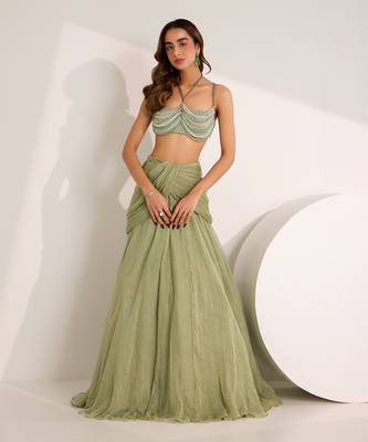 Green Shimmer Chiffon Embellished Crystal Kiara Lehenga Set With Bralette 2