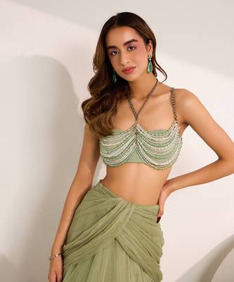 Green Shimmer Chiffon Embellished Crystal Kiara Lehenga Set With Bralette 3