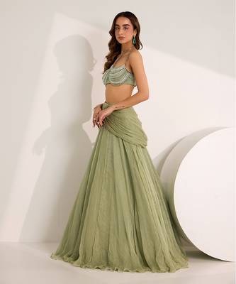 Green Shimmer Chiffon Embellished Crystal Kiara Lehenga Set With Bralette 4