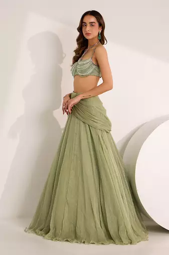 Green Shimmer Chiffon Embellished Crystal Kiara Lehenga Set With Bralette