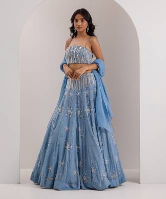Blue Organza Embellished Crystal Straight Elsa Snowflake Lehenga Set 1