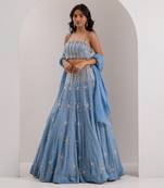 Blue Organza Embellished Crystal Straight Elsa Snowflake Lehenga Set