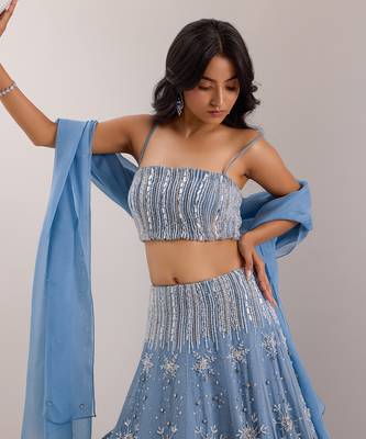 Blue Organza Embellished Crystal Straight Elsa Snowflake Lehenga Set 2