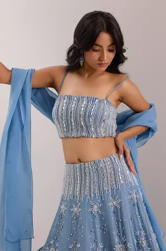 Blue Organza Embellished Crystal Straight Elsa Snowflake Lehenga Set