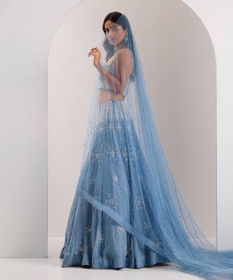 Blue Organza Embellished Crystal Straight Elsa Snowflake Lehenga Set 3