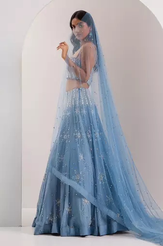 Blue Organza Embellished Crystal Straight Elsa Snowflake Lehenga Set